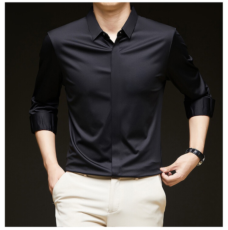 Men's Solid Long Sleeve Hidden Placket Dress Shirt
