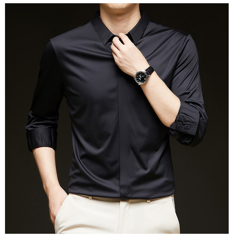 Men's Solid Long Sleeve Hidden Placket Dress Shirt