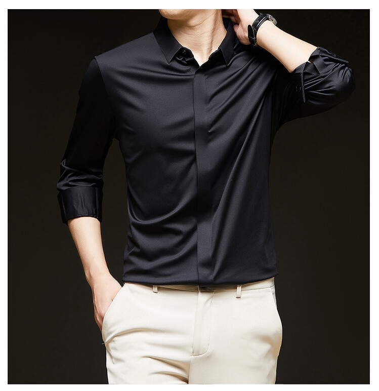 Men's Solid Long Sleeve Hidden Placket Dress Shirt
