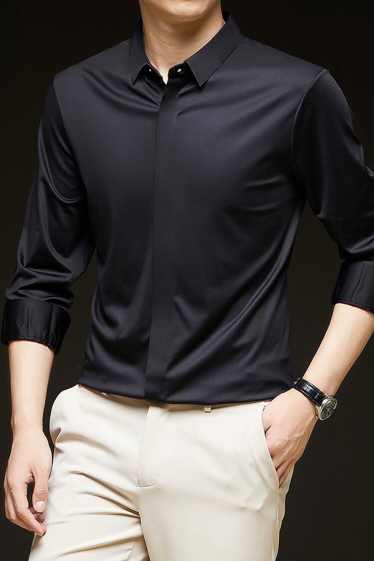 Men's Solid Long Sleeve Hidden Placket Dress Shirt