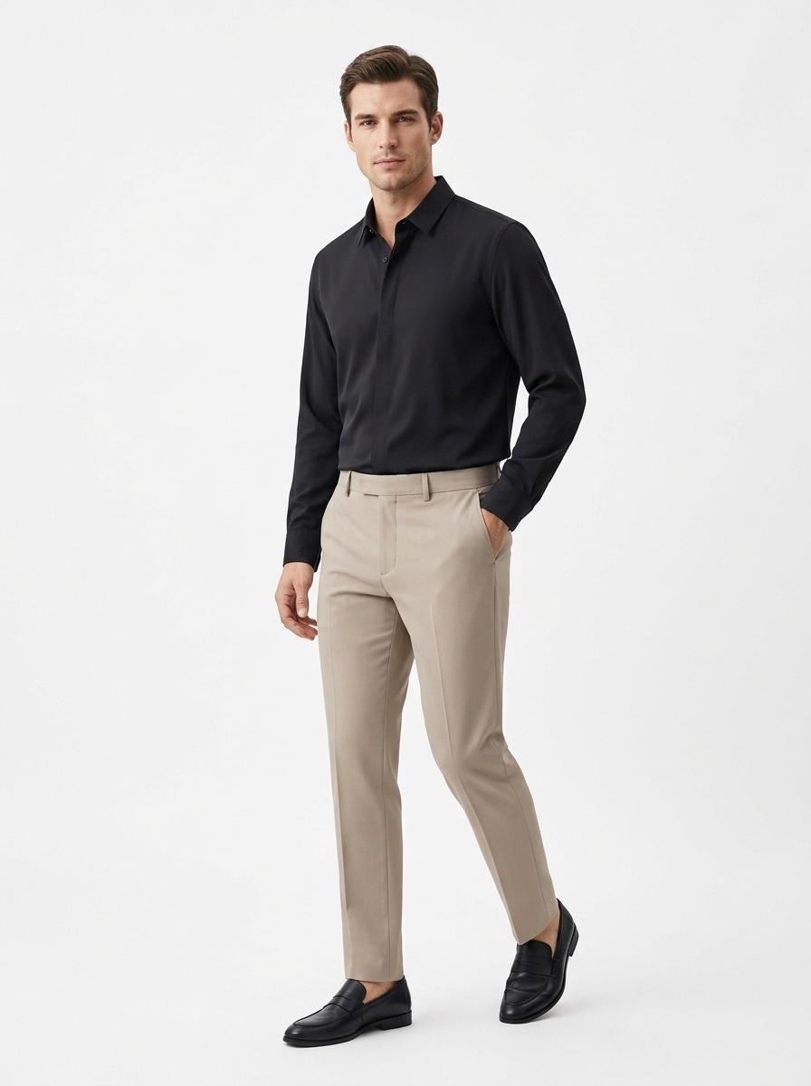 Men's Solid Long Sleeve Hidden Placket Dress Shirt