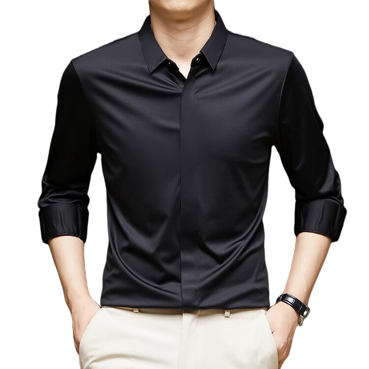Men's Solid Long Sleeve Hidden Placket Dress Shirt