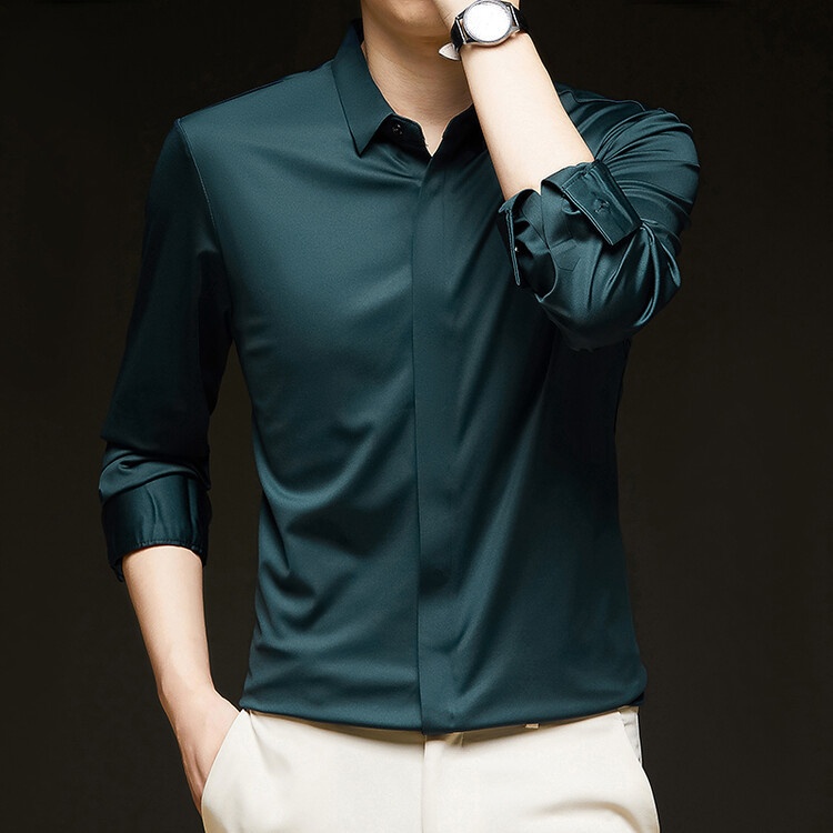 Men's Solid Long Sleeve Hidden Placket Dress Shirt