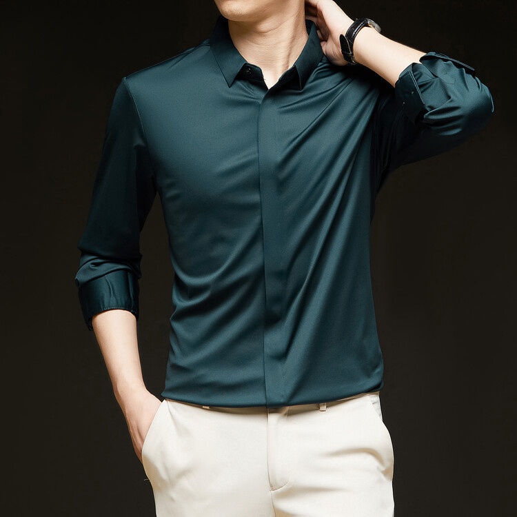 Men's Solid Long Sleeve Hidden Placket Dress Shirt