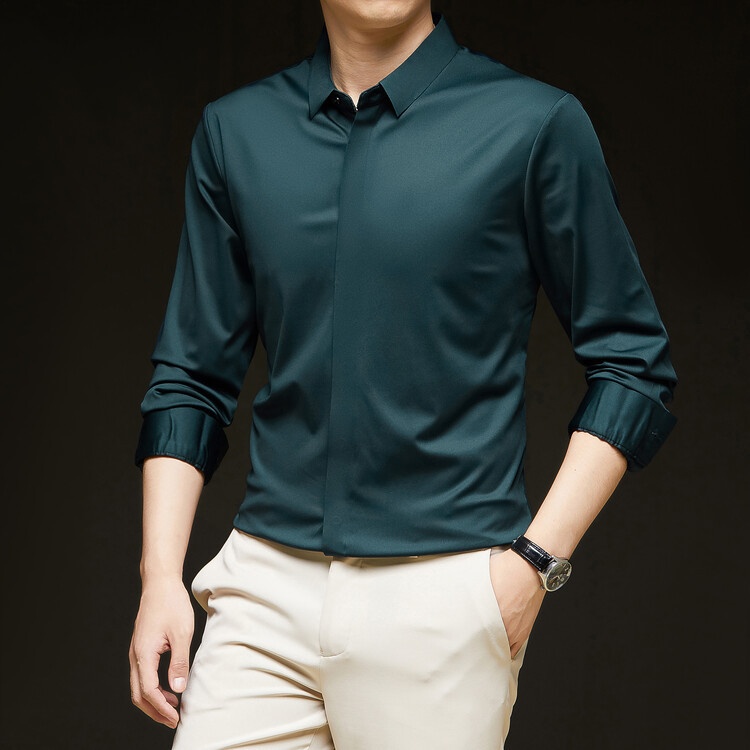 Men's Solid Long Sleeve Hidden Placket Dress Shirt