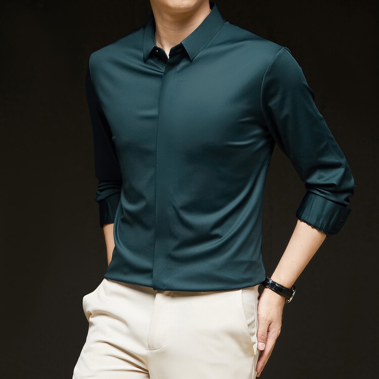 Men's Solid Long Sleeve Hidden Placket Dress Shirt