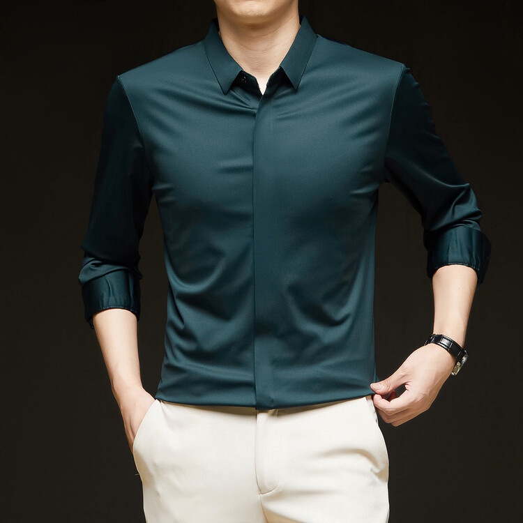 Men's Solid Long Sleeve Hidden Placket Dress Shirt