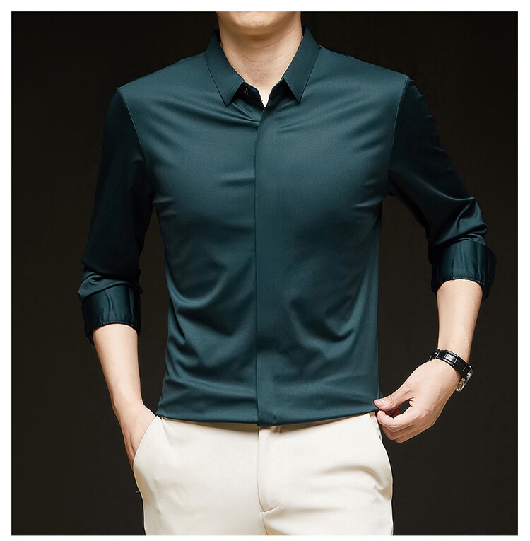 Men's Solid Long Sleeve Hidden Placket Dress Shirt