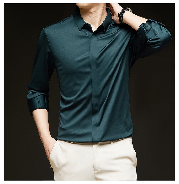 Men's Solid Long Sleeve Hidden Placket Dress Shirt
