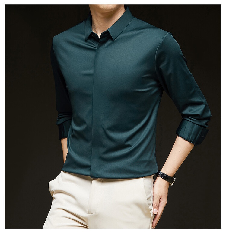 Men's Solid Long Sleeve Hidden Placket Dress Shirt