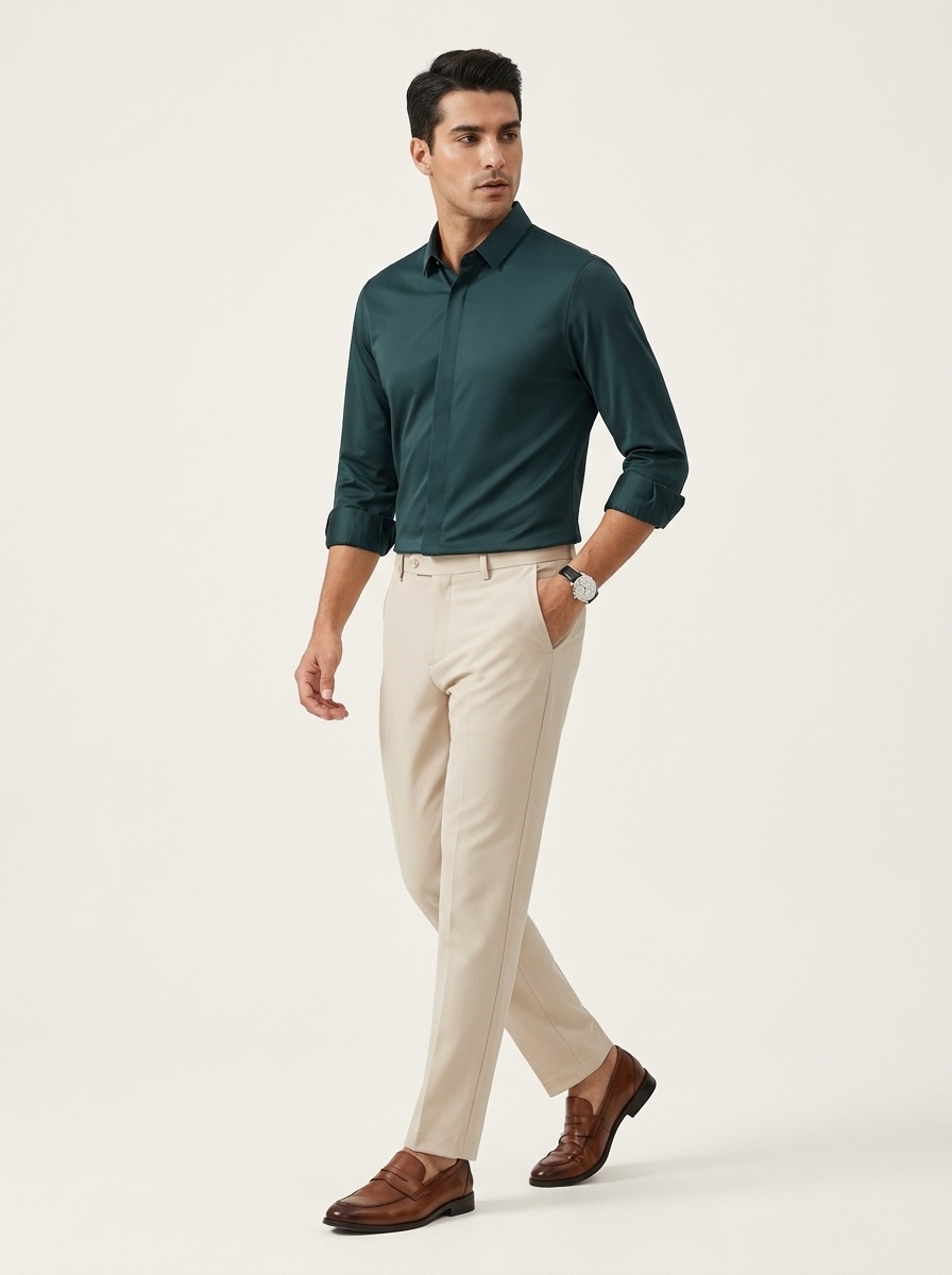 Men's Solid Long Sleeve Hidden Placket Dress Shirt