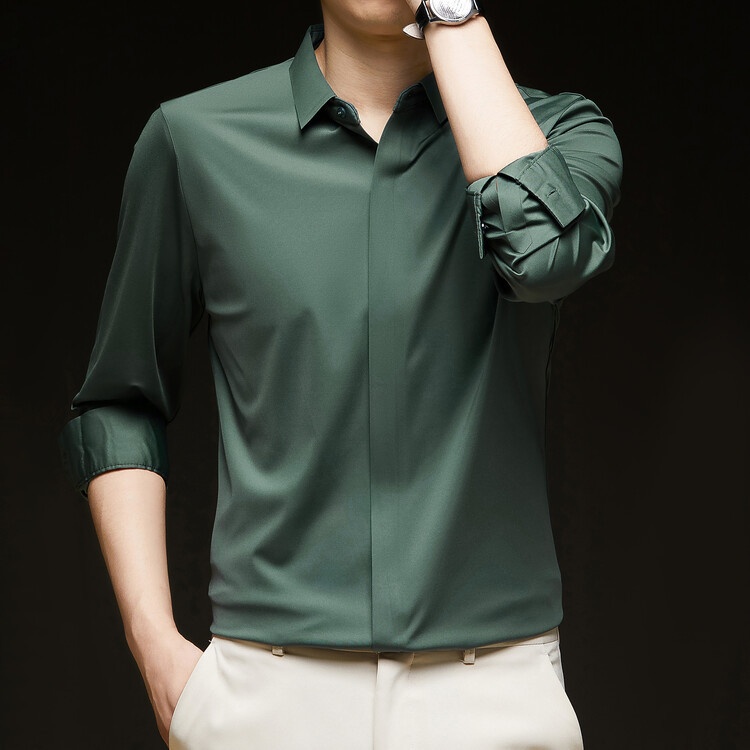 Men's Solid Long Sleeve Hidden Placket Dress Shirt