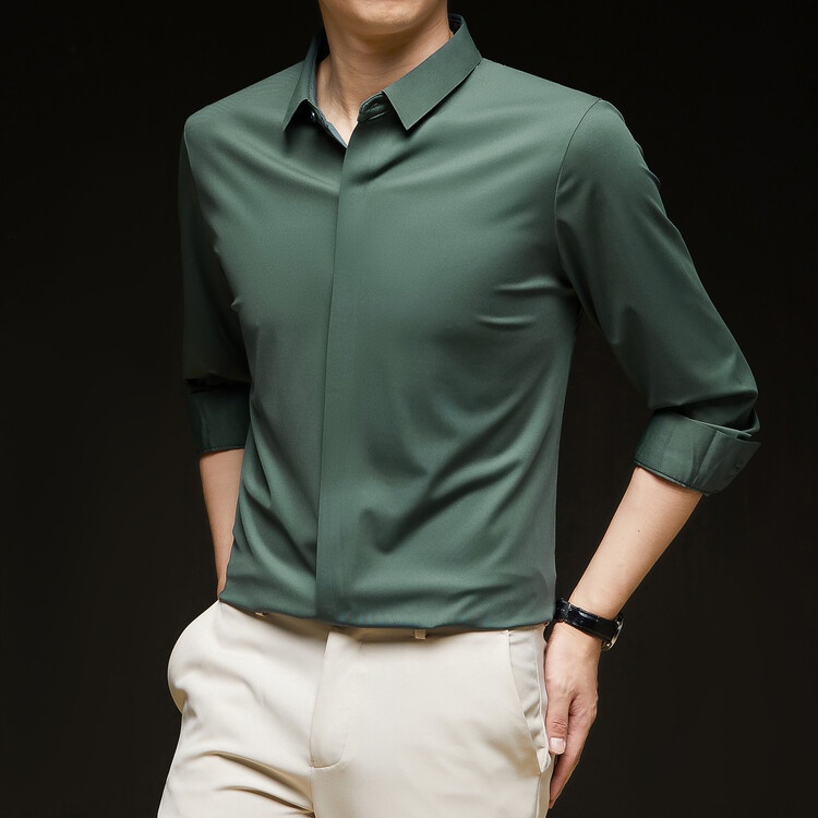 Men's Solid Long Sleeve Hidden Placket Dress Shirt