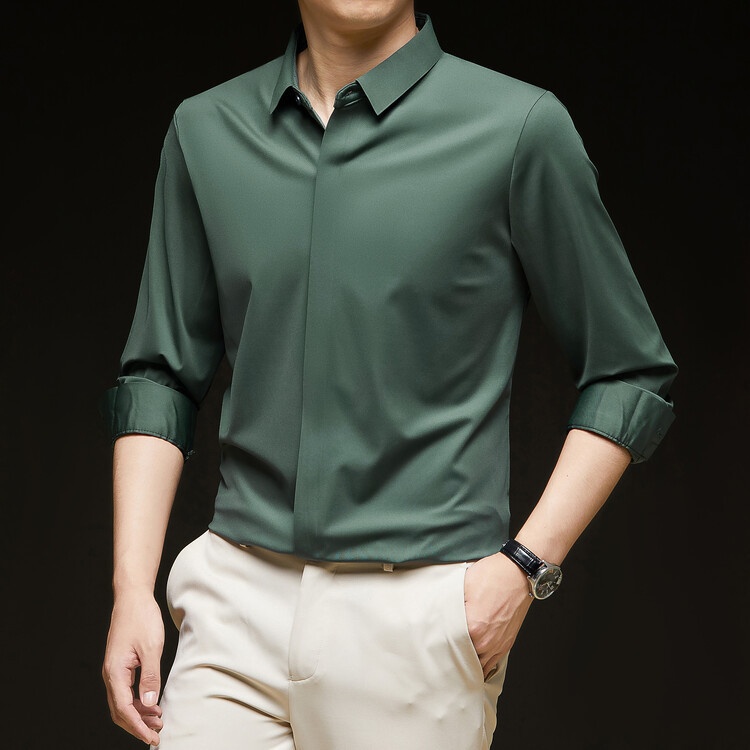 Men's Solid Long Sleeve Hidden Placket Dress Shirt