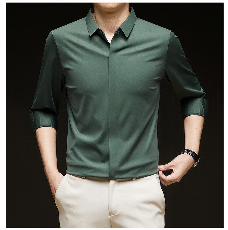 Men's Solid Long Sleeve Hidden Placket Dress Shirt