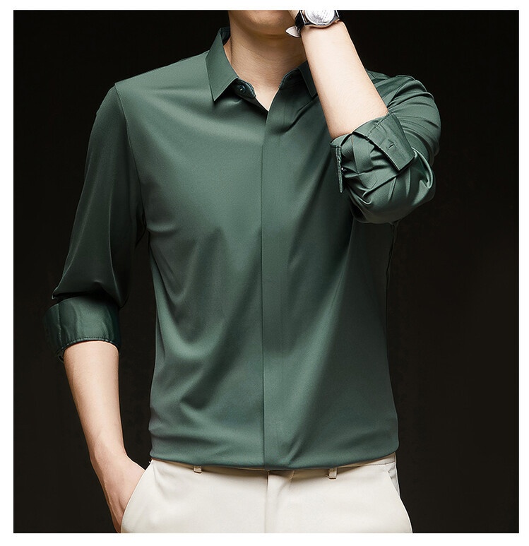 Men's Solid Long Sleeve Hidden Placket Dress Shirt