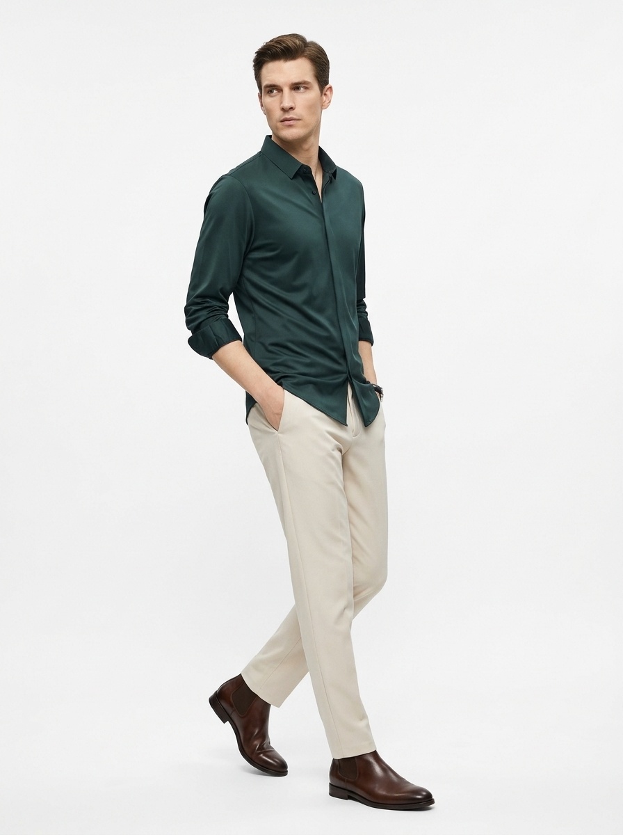 Men's Solid Long Sleeve Hidden Placket Dress Shirt