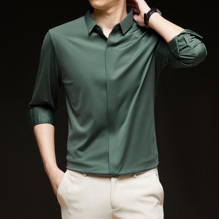 Men's Solid Long Sleeve Hidden Placket Dress Shirt