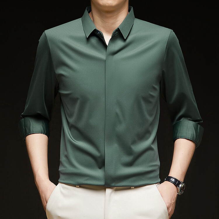 Men's Solid Long Sleeve Hidden Placket Dress Shirt