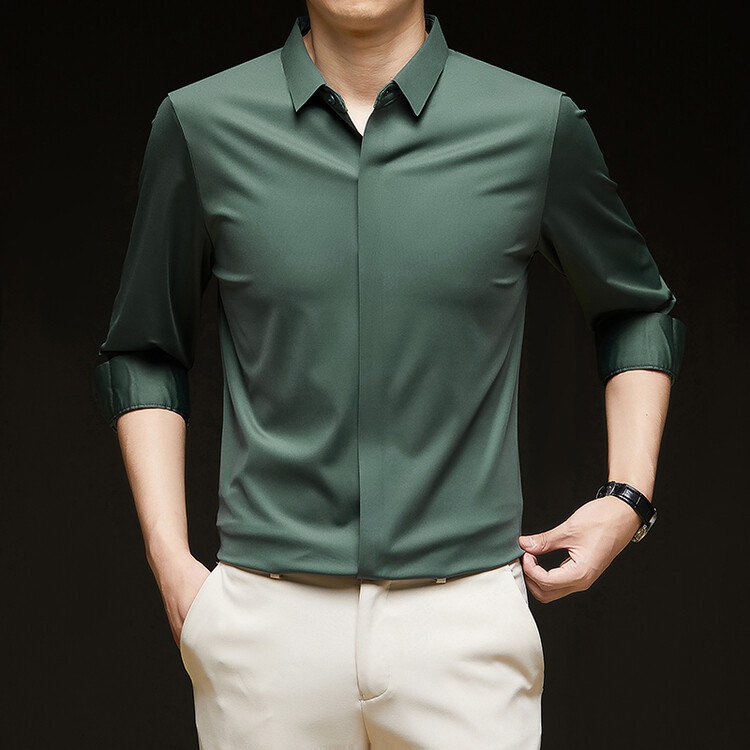 Men's Solid Long Sleeve Hidden Placket Dress Shirt