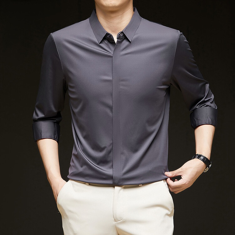 Men's Solid Long Sleeve Hidden Placket Dress Shirt
