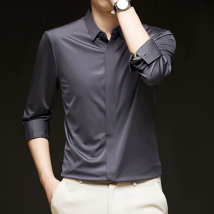 Men's Solid Long Sleeve Hidden Placket Dress Shirt