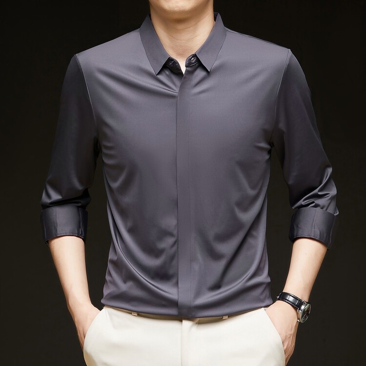 Men's Solid Long Sleeve Hidden Placket Dress Shirt