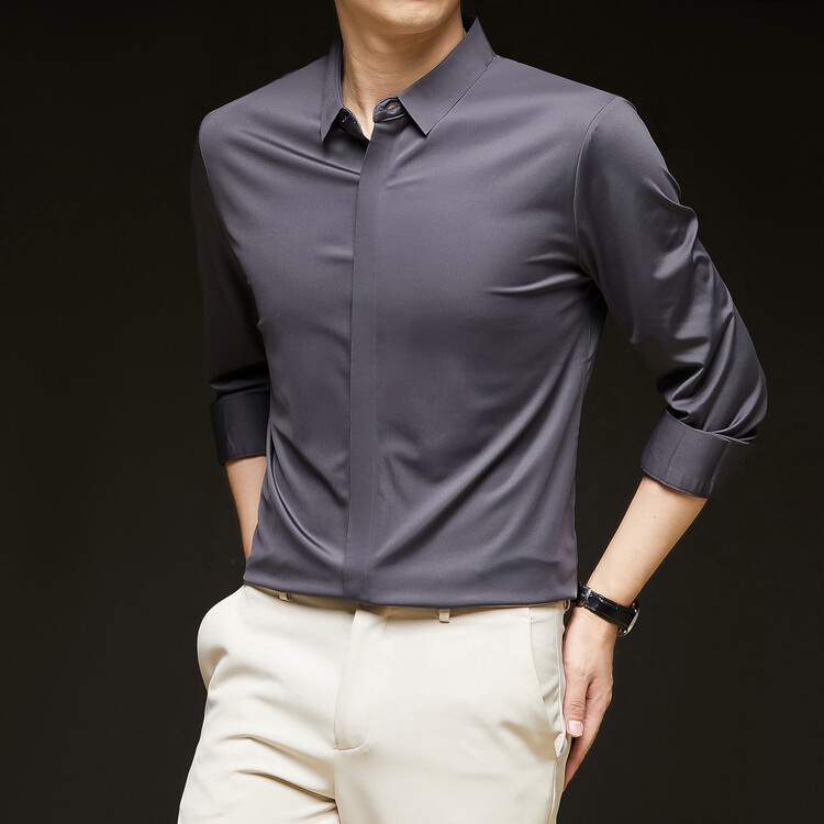 Men's Solid Long Sleeve Hidden Placket Dress Shirt