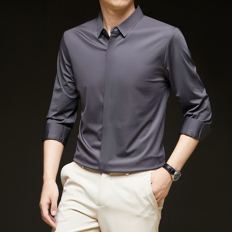 Men's Solid Long Sleeve Hidden Placket Dress Shirt