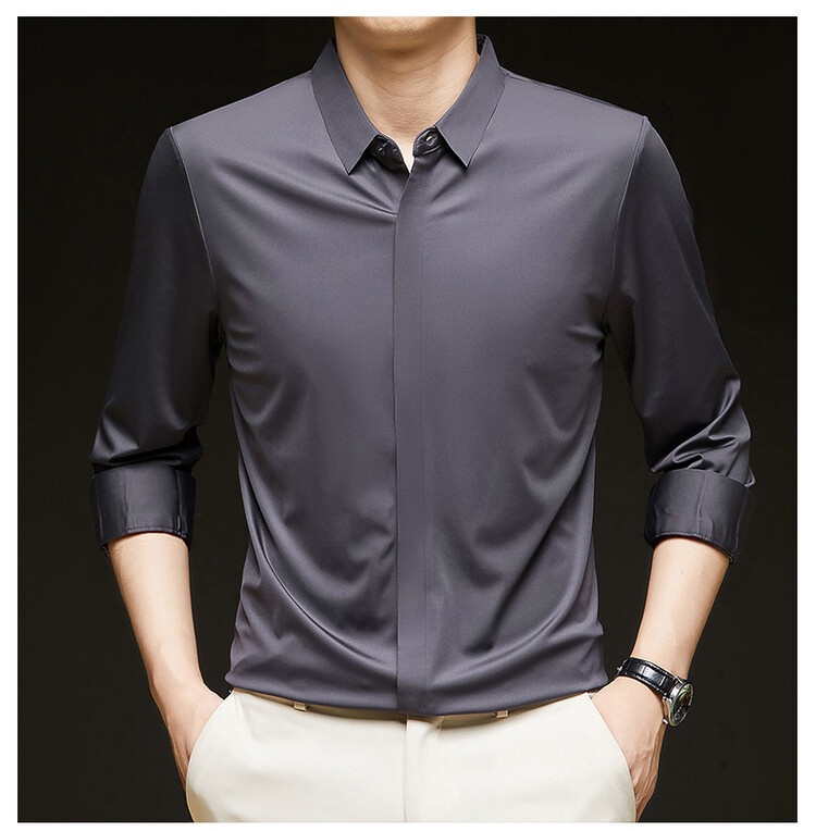 Men's Solid Long Sleeve Hidden Placket Dress Shirt