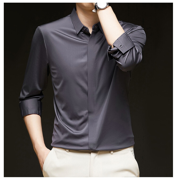 Men's Solid Long Sleeve Hidden Placket Dress Shirt