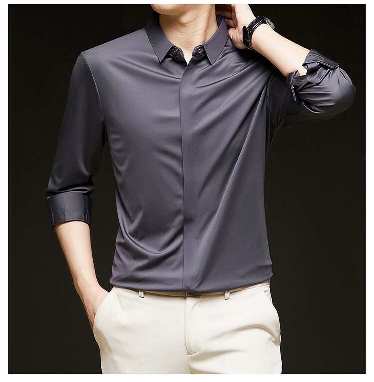 Men's Solid Long Sleeve Hidden Placket Dress Shirt