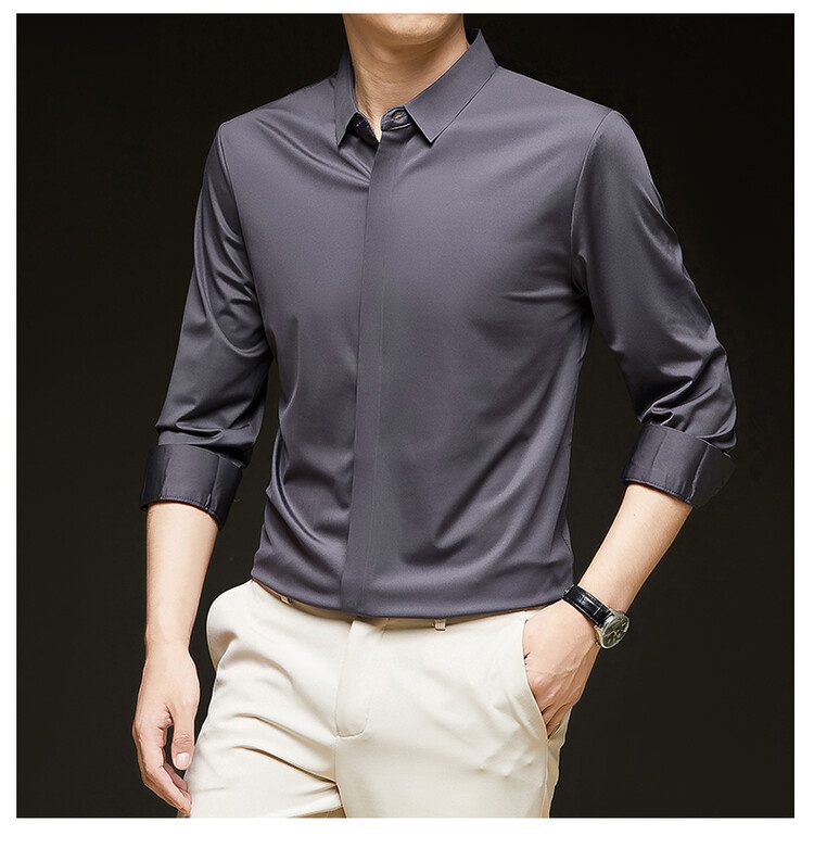 Men's Solid Long Sleeve Hidden Placket Dress Shirt