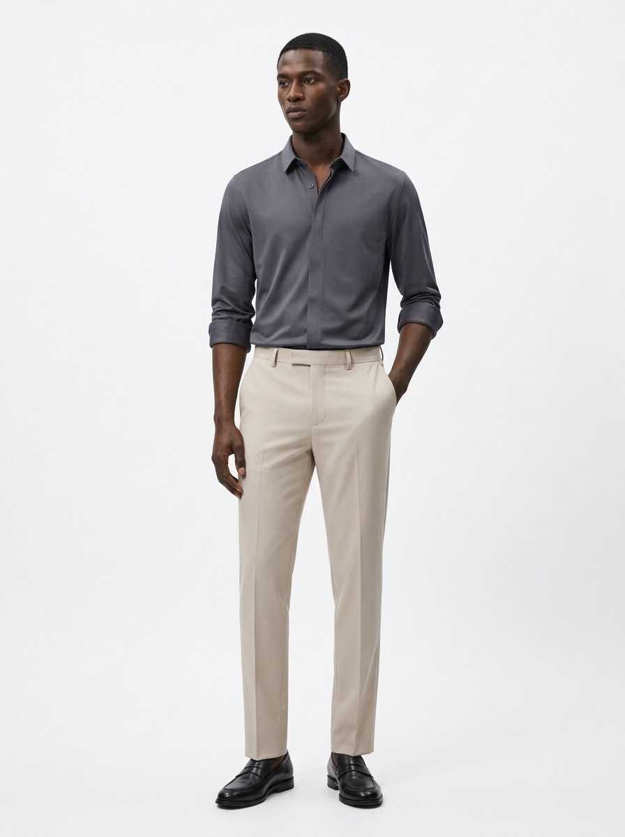 Men's Solid Long Sleeve Hidden Placket Dress Shirt