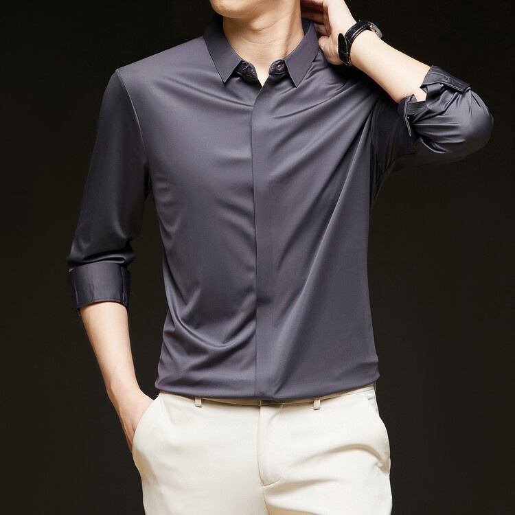 Men's Solid Long Sleeve Hidden Placket Dress Shirt