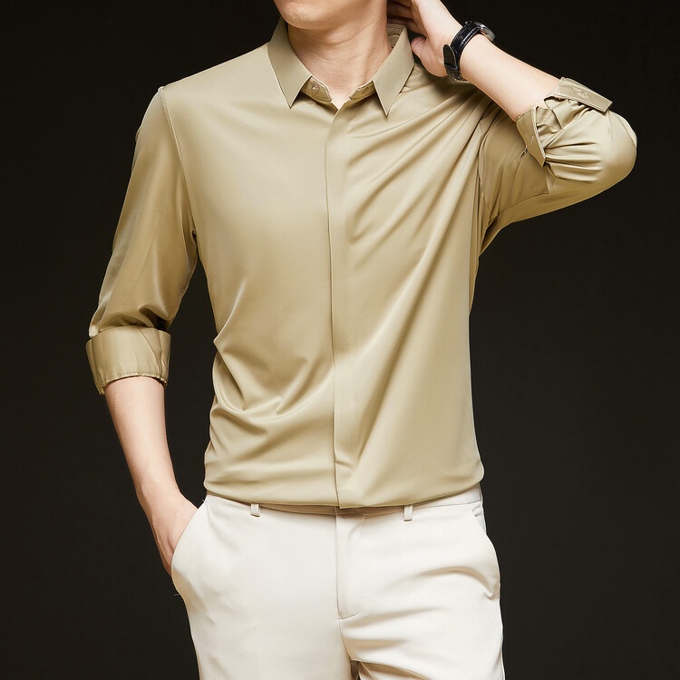 Men's Solid Long Sleeve Hidden Placket Dress Shirt