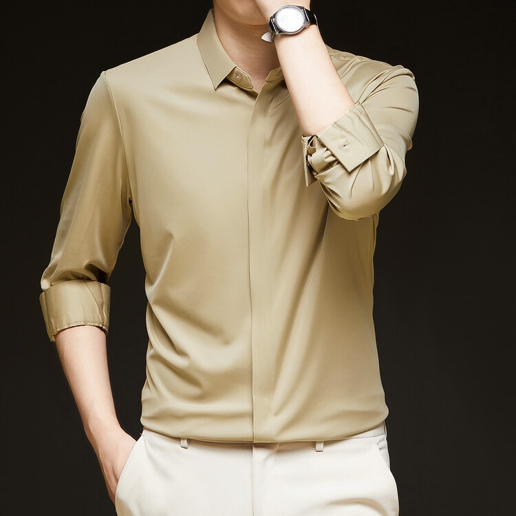 Men's Solid Long Sleeve Hidden Placket Dress Shirt