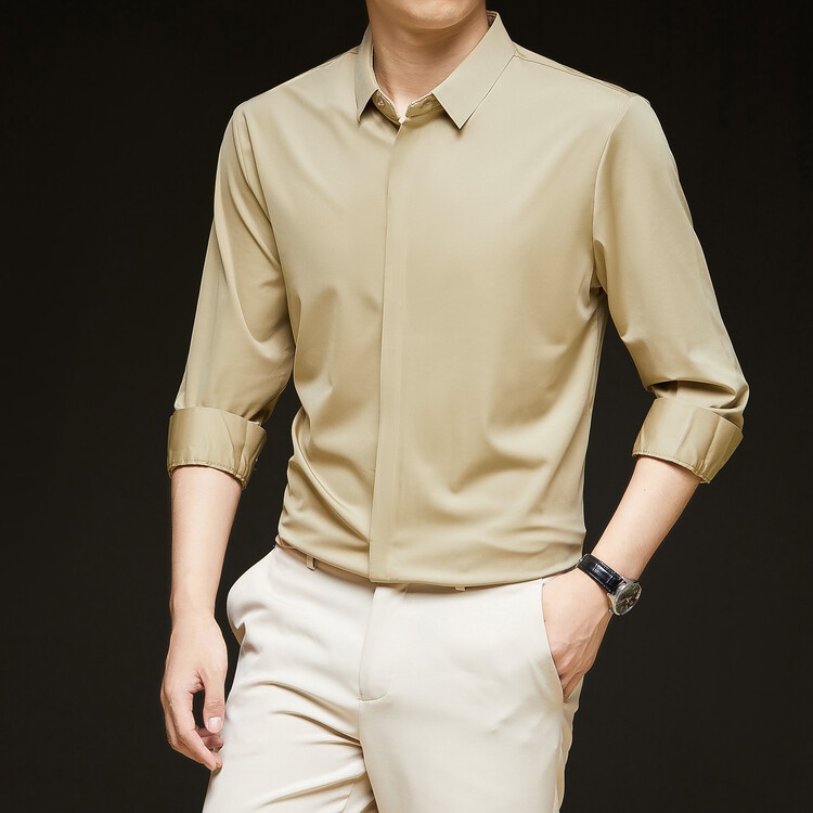 Men's Solid Long Sleeve Hidden Placket Dress Shirt