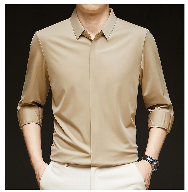 Men's Solid Long Sleeve Hidden Placket Dress Shirt