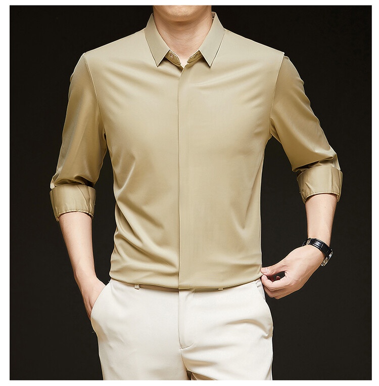 Men's Solid Long Sleeve Hidden Placket Dress Shirt