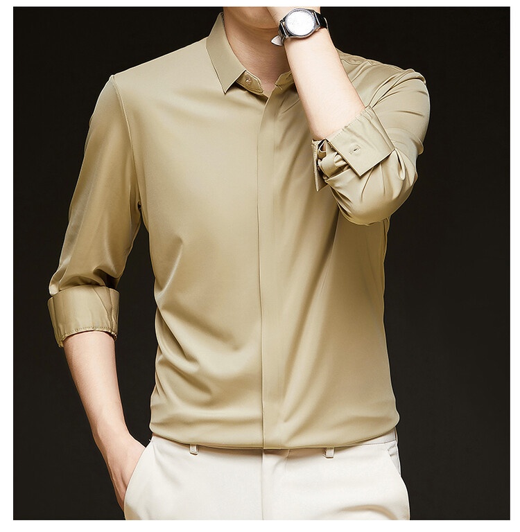 Men's Solid Long Sleeve Hidden Placket Dress Shirt
