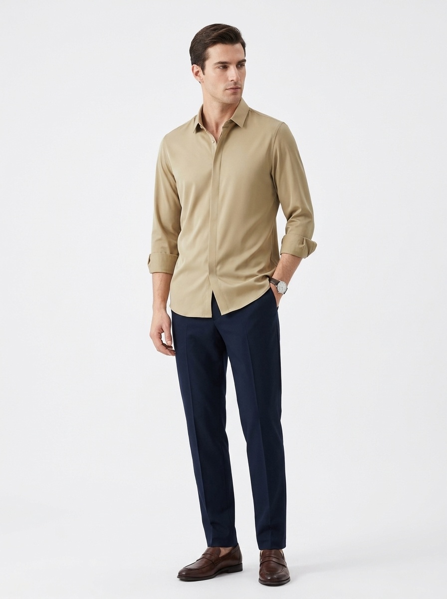 Men's Solid Long Sleeve Hidden Placket Dress Shirt