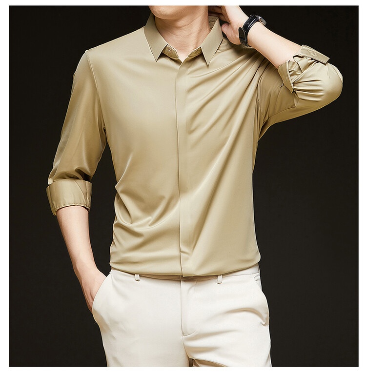 Men's Solid Long Sleeve Hidden Placket Dress Shirt