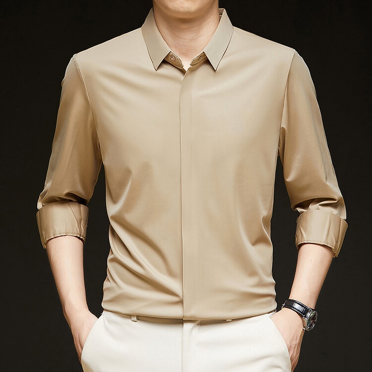 Men's Solid Long Sleeve Hidden Placket Dress Shirt