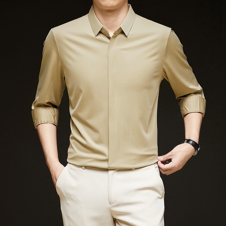 Men's Solid Long Sleeve Hidden Placket Dress Shirt