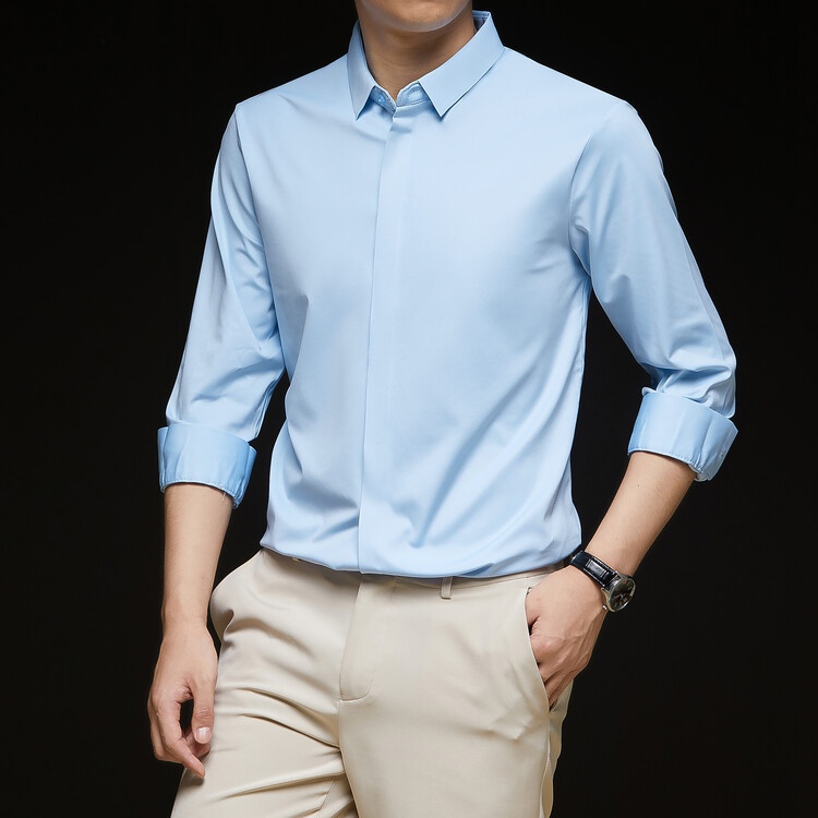 Men's Solid Long Sleeve Hidden Placket Dress Shirt
