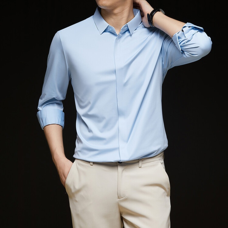 Men's Solid Long Sleeve Hidden Placket Dress Shirt