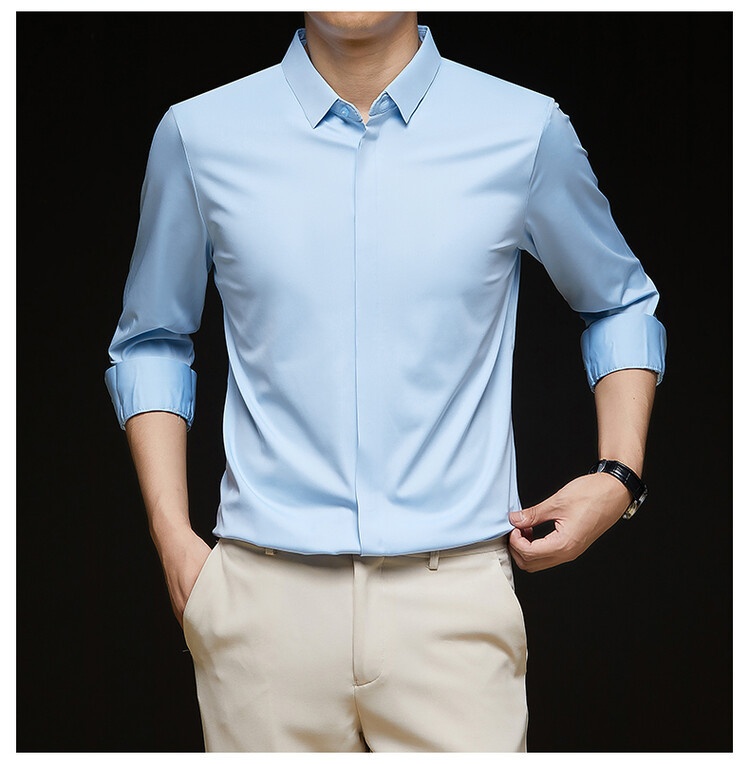 Men's Solid Long Sleeve Hidden Placket Dress Shirt