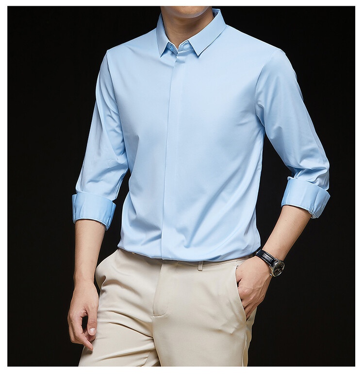 Men's Solid Long Sleeve Hidden Placket Dress Shirt