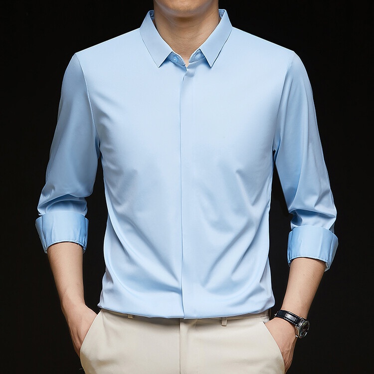 Men's Solid Long Sleeve Hidden Placket Dress Shirt